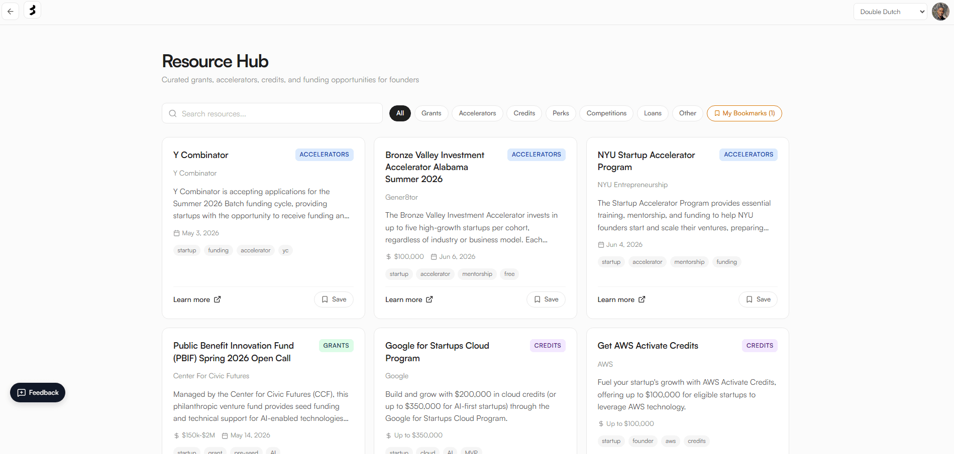 Bootup Studios Resource Hub showing curated grants, accelerators, and credits