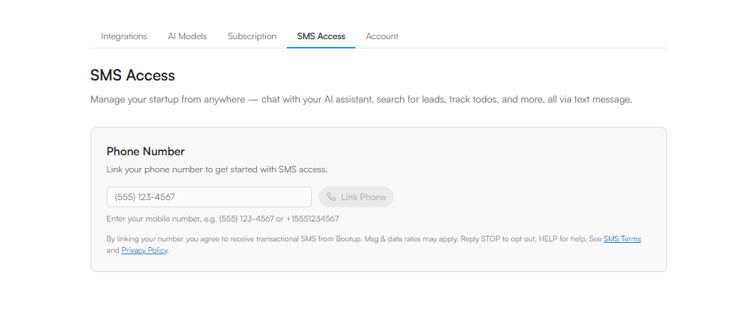 Bootup Studios Settings page showing the Link Phone form with a phone-number input and consent disclaimer below.