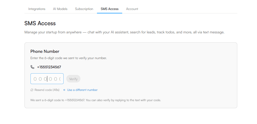 Bootup Studios Settings page showing the 6-digit verification code input after a phone number has been linked.
